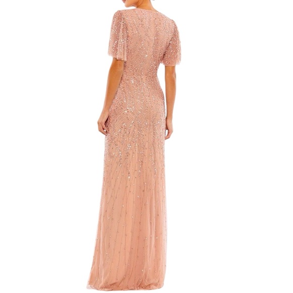 Mac Duggal Flutter Short Sleeve Surplice V-Neck Beaded Sheath Gown. Size 6 NWT - Picture 4 of 11